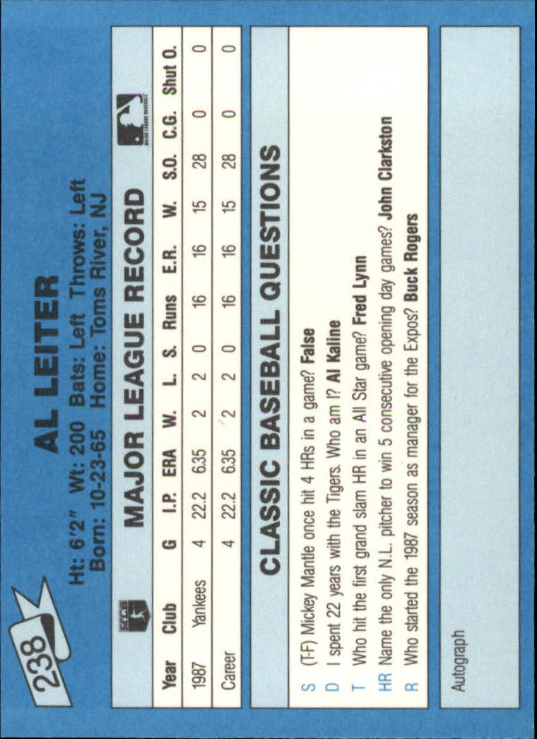 1988 Classic Blue #238 Al Leiter back image