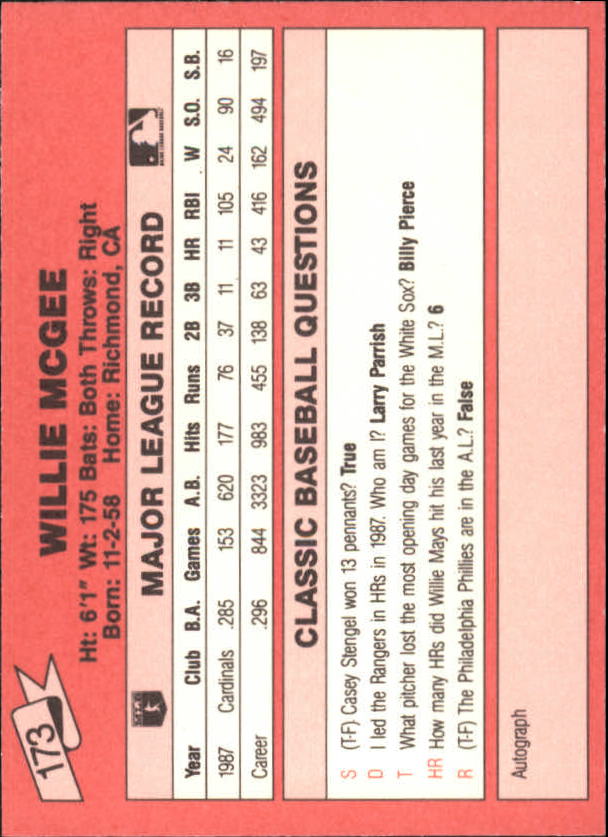 1988 Classic Red #173 Willie McGee back image