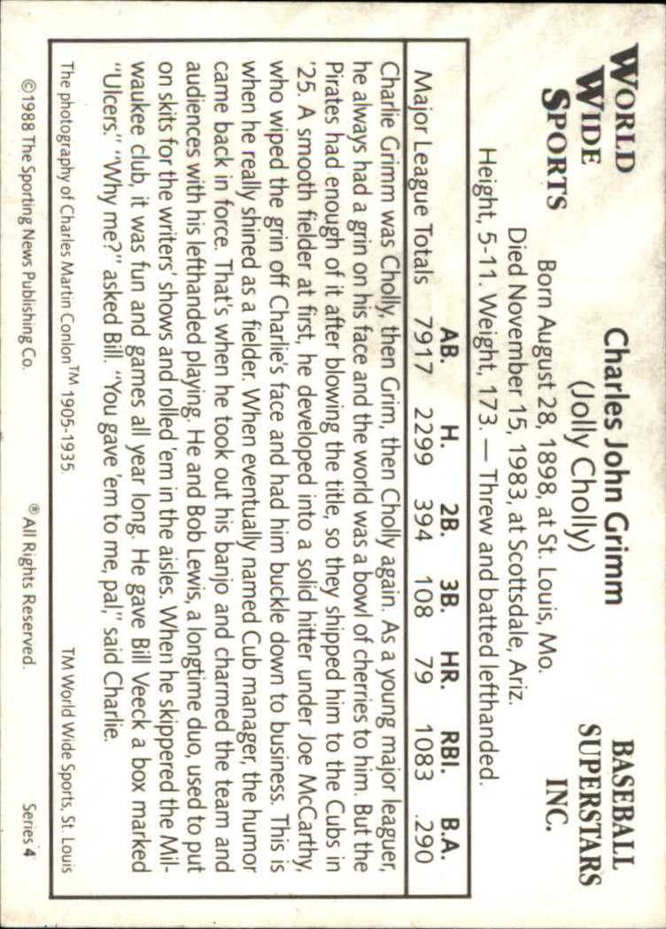 1988 Conlon Series 4 #12 Charlie Grimm back image