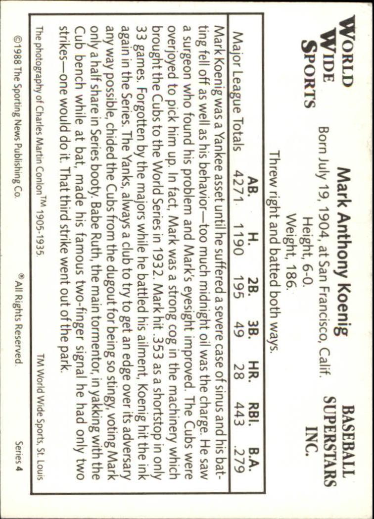 1988 Conlon Series 4 #16 Mark Koenig back image