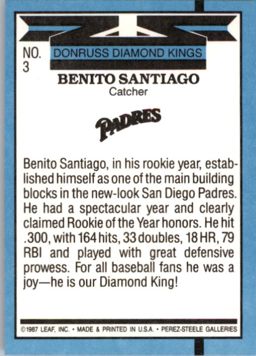 1988 Donruss #3 Benito Santiago DK back image