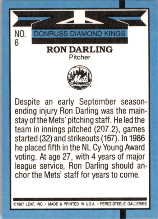 1988 Donruss #6 Ron Darling DK back image