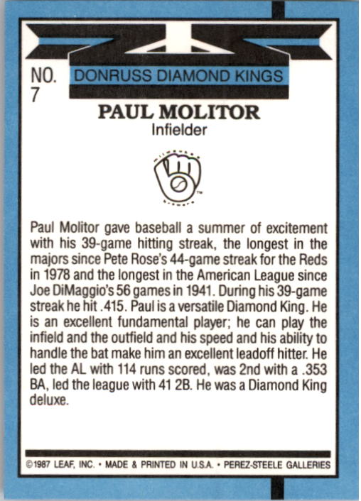 1988 Donruss #7 Paul Molitor DK back image
