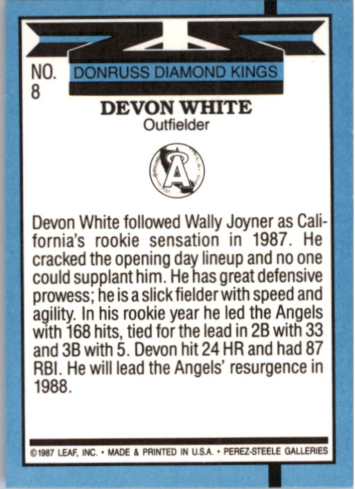 1988 Donruss #8 Devon White DK back image