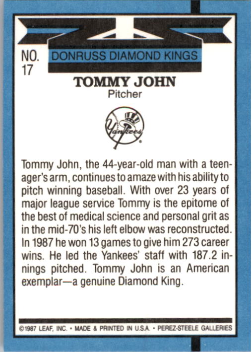 1988 Donruss #17 Tommy John DK back image
