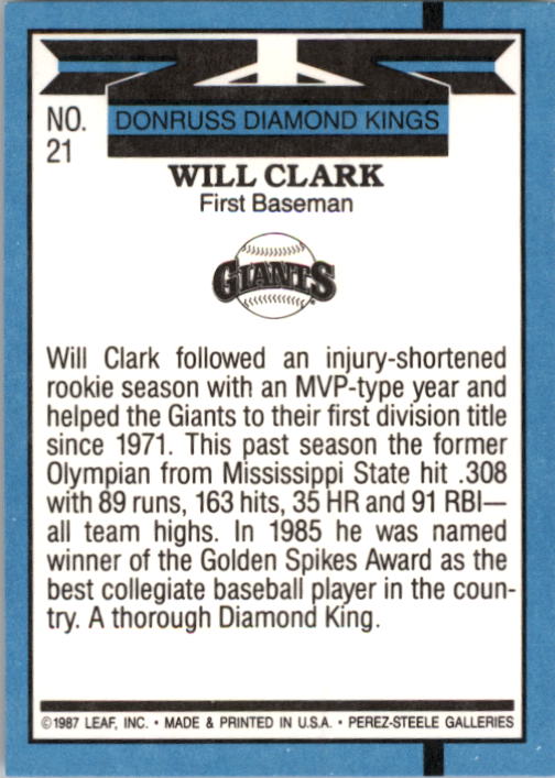 1988 Donruss #21 Will Clark DK back image