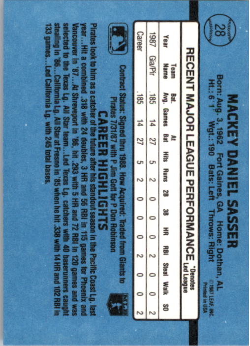 1988 Donruss #28 Mackey Sasser RC back image