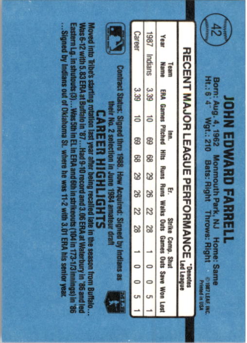 1988 Donruss #42 John Farrell RR RC back image