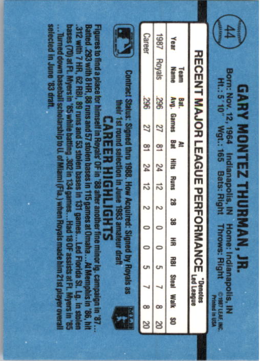 1988 Donruss #44 Gary Thurman RR RC back image