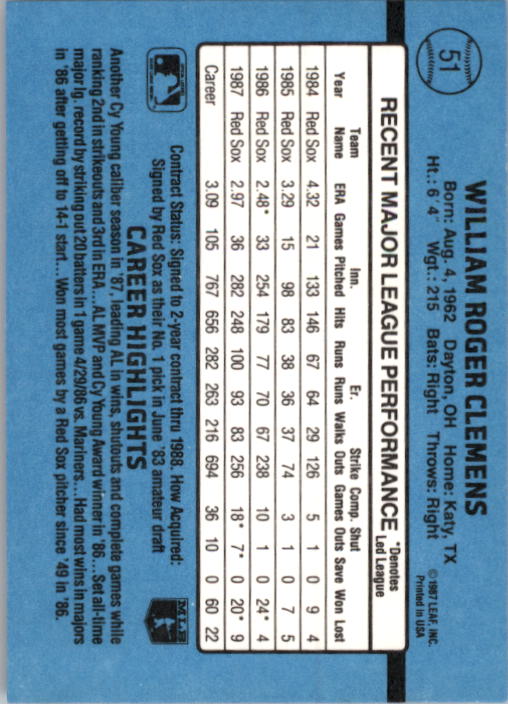 1988 Donruss #51 Roger Clemens back image