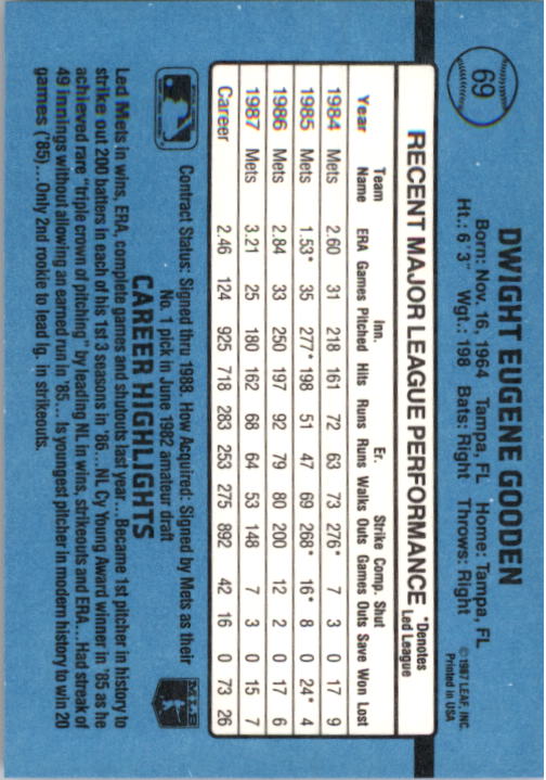 1988 Dwight Gooden Donruss #69 Baseball Card