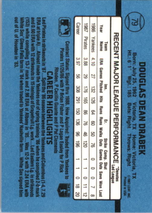 1988 Donruss #79 Doug Drabek back image