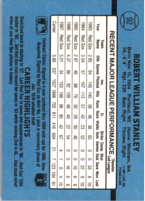 1988 Donruss #92 Bob Stanley back image