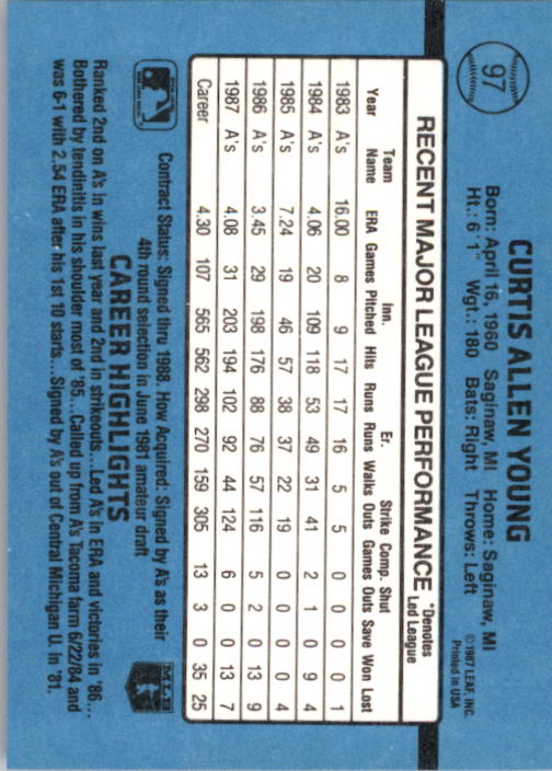 1988 Donruss #97 Curt Young back image