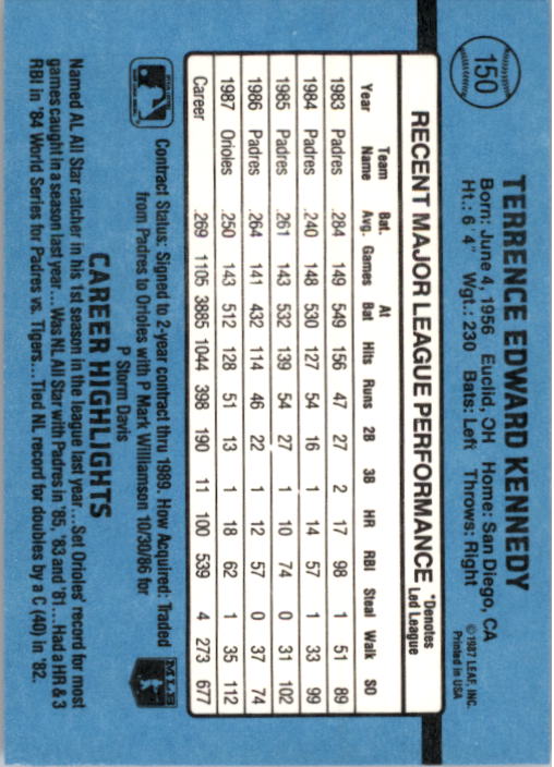 1988 Donruss #150 Terry Kennedy back image
