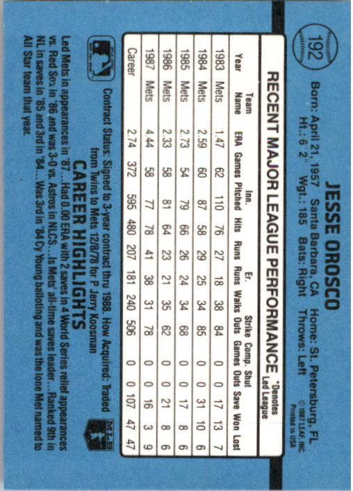 1988 Donruss Jesse Orosco 192 