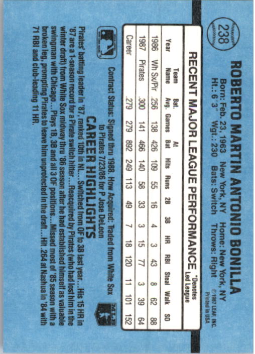 1988 Donruss #238 Bobby Bonilla back image