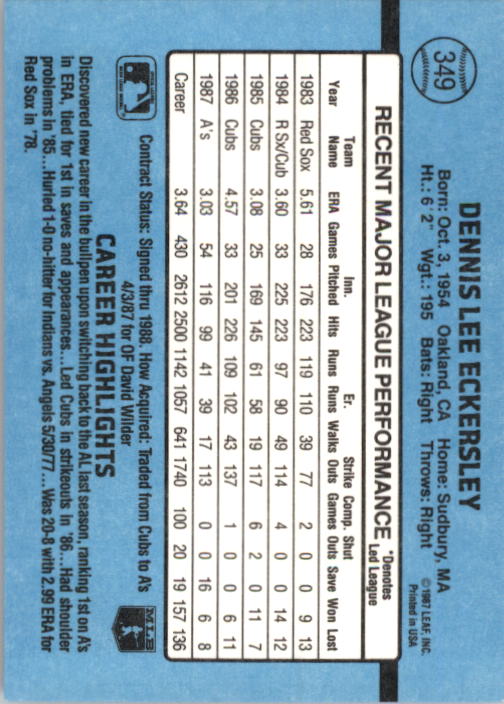 1988 Donruss #349 Dennis Eckersley back image