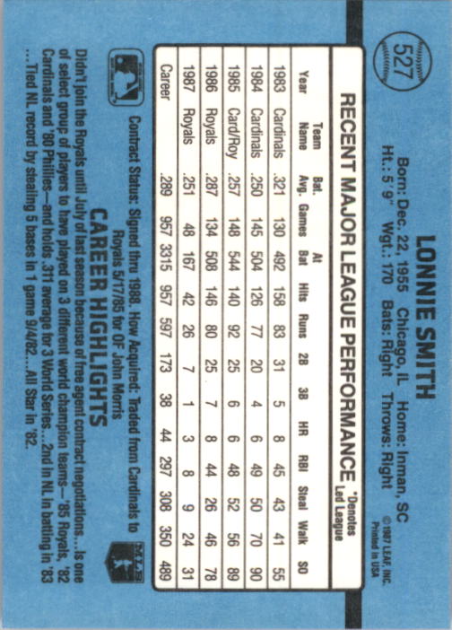1988 Donruss #527 Lonnie Smith back image