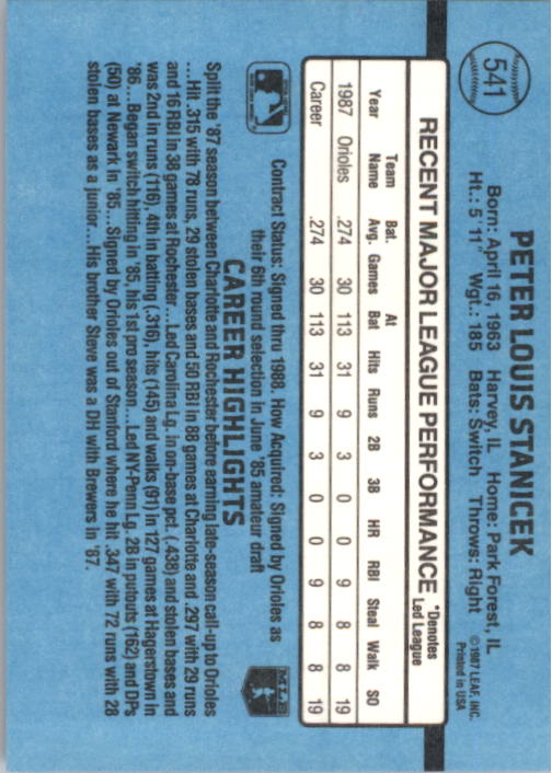 1988 Donruss #541 Pete Stanicek RC back image