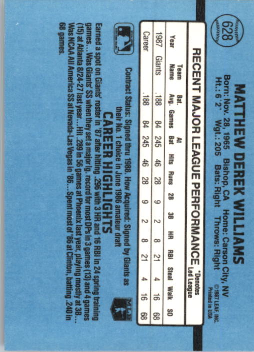 1988 Donruss #628 Matt Williams RC back image
