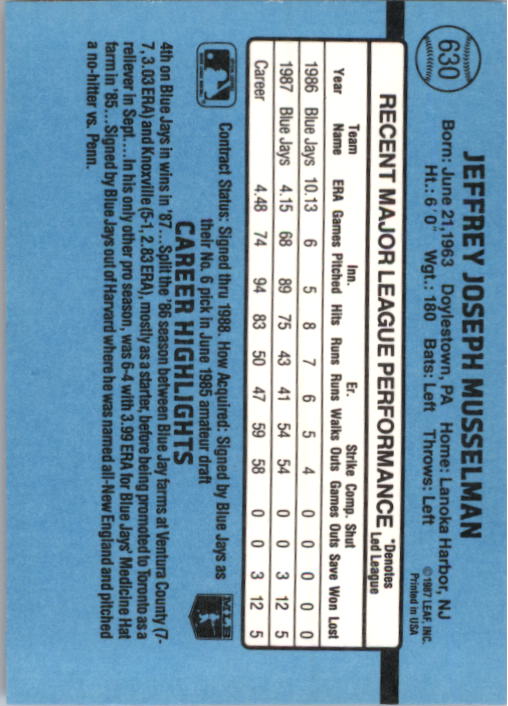 1988 Donruss #630 Jeff Musselman SP back image