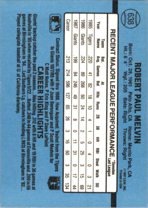 1988 Donruss #638 Bob Melvin back image