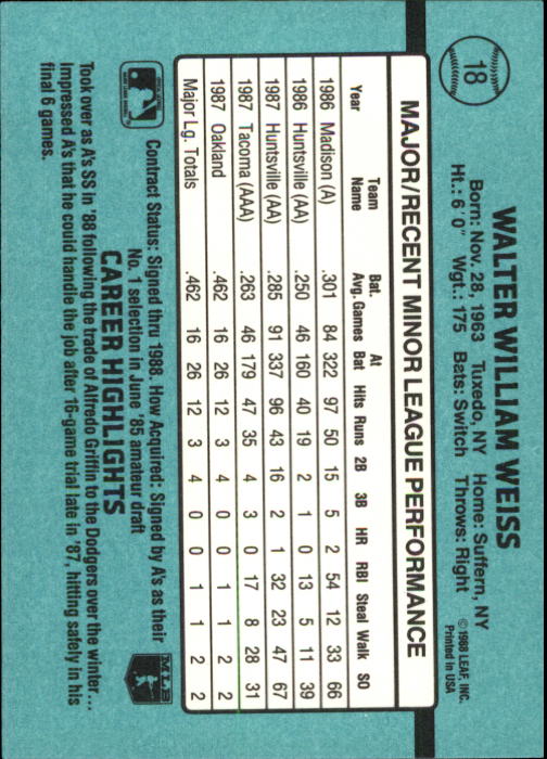 1988 Donruss Rookies #18 Walt Weiss XRC* back image
