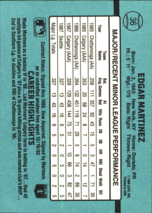 1988 Donruss Rookies #36 Edgar Martinez XRC back image