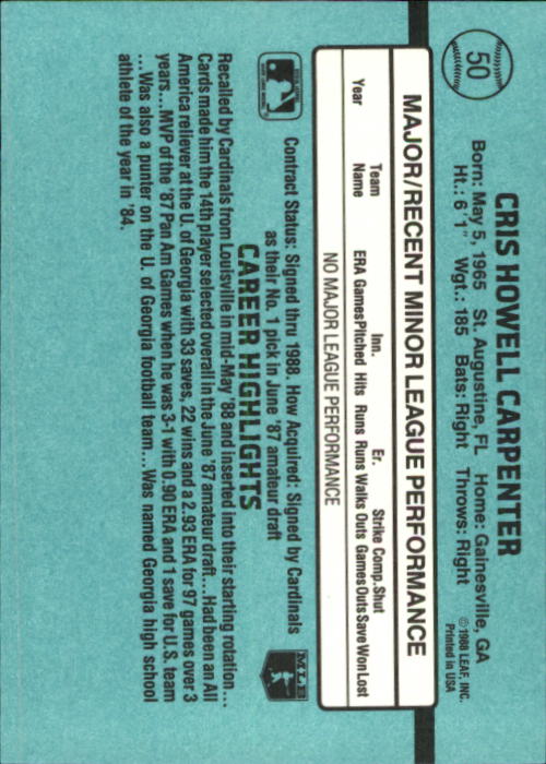 1988 Donruss Rookies #50 Cris Carpenter XRC back image