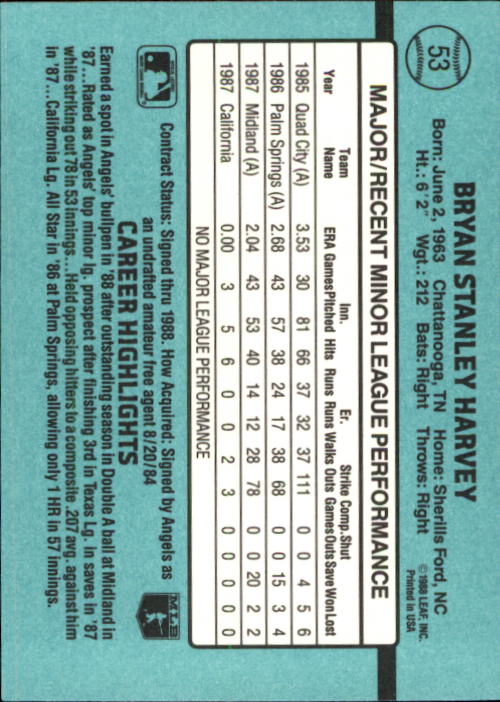 1988 Donruss Rookies #53 Bryan Harvey XRC back image