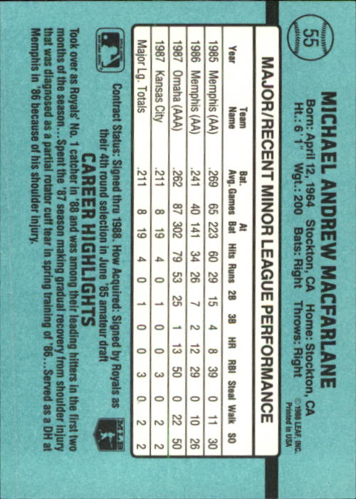 1988 Donruss Rookies #55 Mike Macfarlane XRC back image