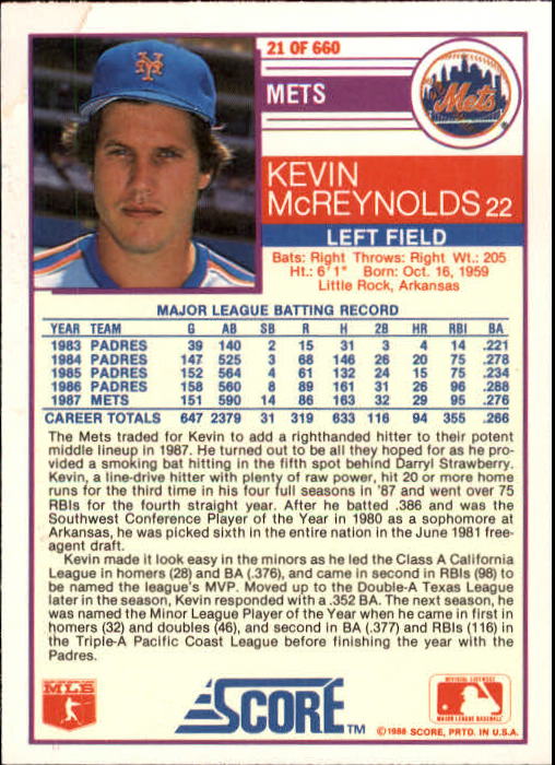 1988 Score #21 Kevin McReynolds back image