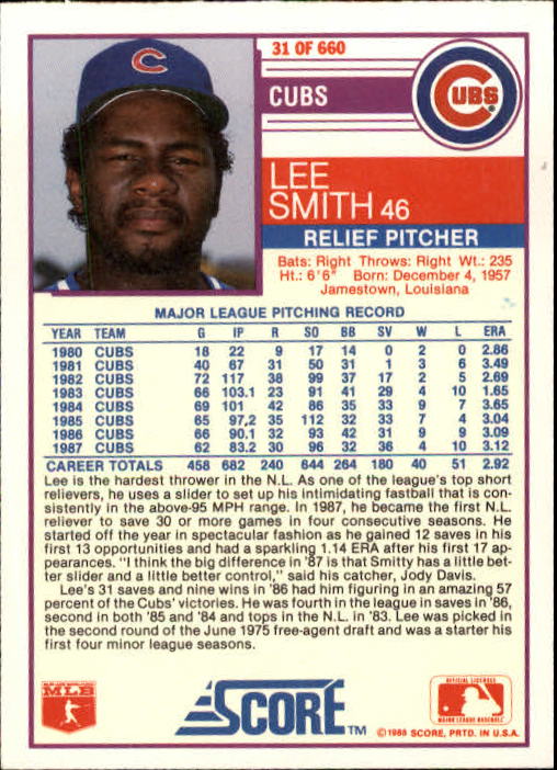 1988 Score #31 Lee Smith back image
