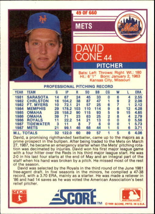 1988 Score #49 David Cone back image