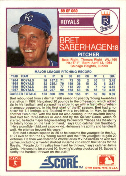 1988 Score #89 Bret Saberhagen back image
