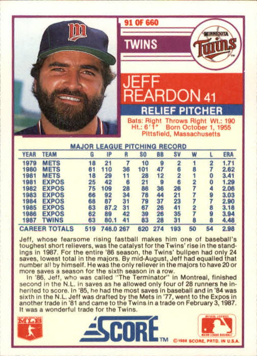 1988 Score #91 Jeff Reardon back image