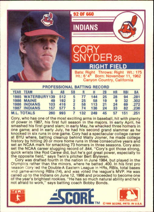 1988 Score #92 Cory Snyder back image