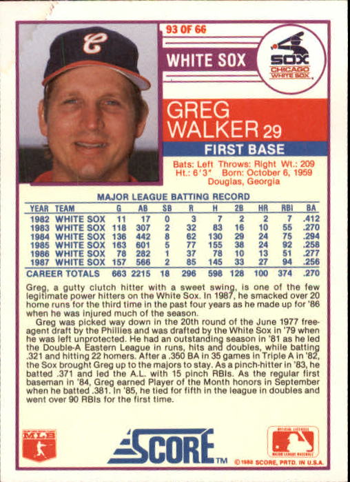 1988 Score #93A Greg Walker ERR/93 of 66 back image