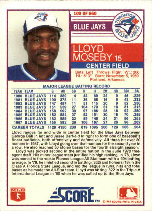 1988 Score #109 Lloyd Moseby back image