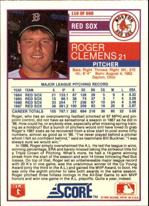 1988 Score #110 Roger Clemens back image
