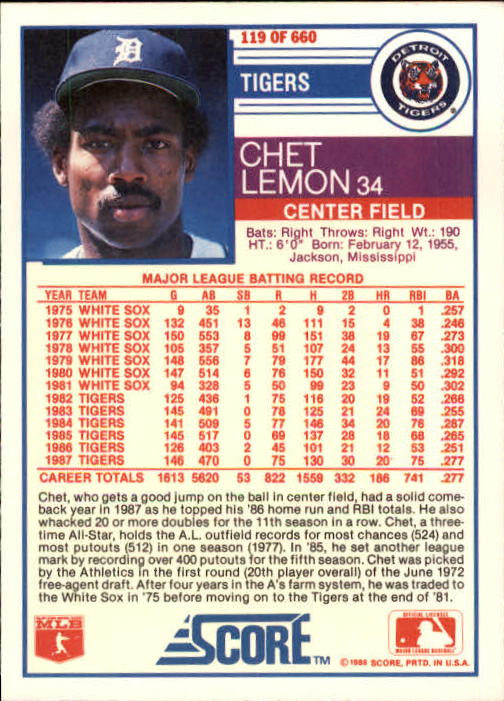 1988 Score #119 Chet Lemon back image