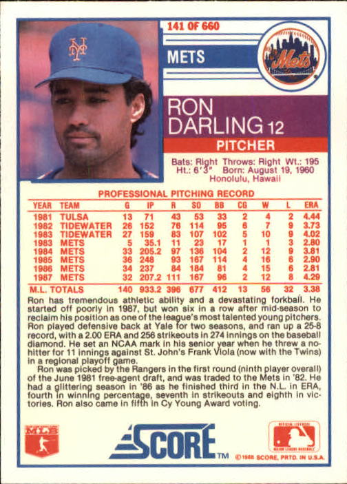 1988 Score #141 Ron Darling back image