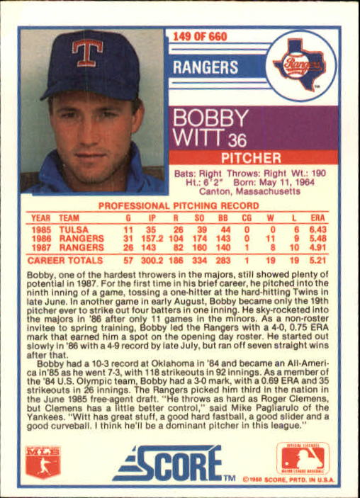 1988 Score #149 Bobby Witt back image