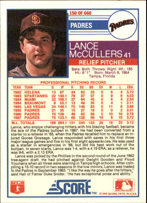 1988 Score #150 Lance McCullers back image