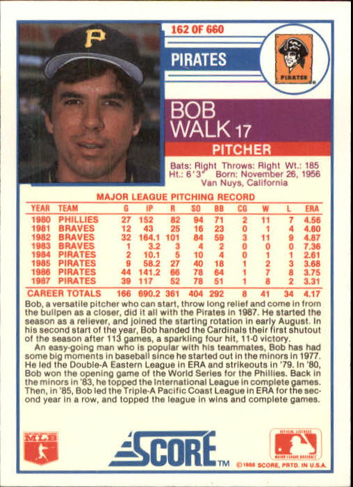 1988 Score #162 Bob Walk back image
