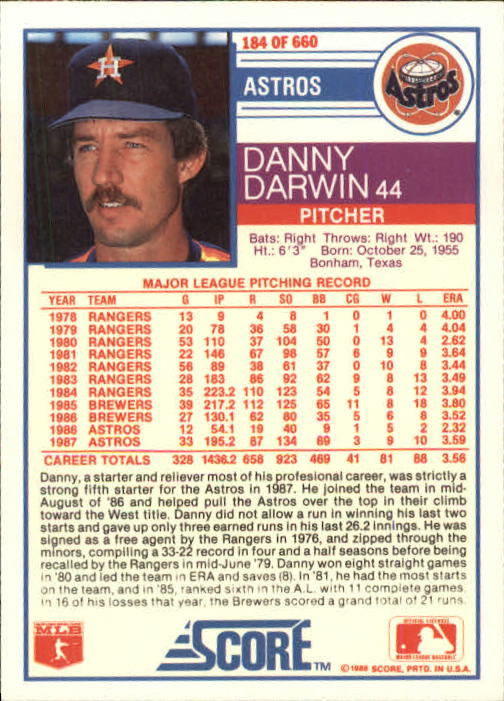 1988 Score #184 Danny Darwin back image