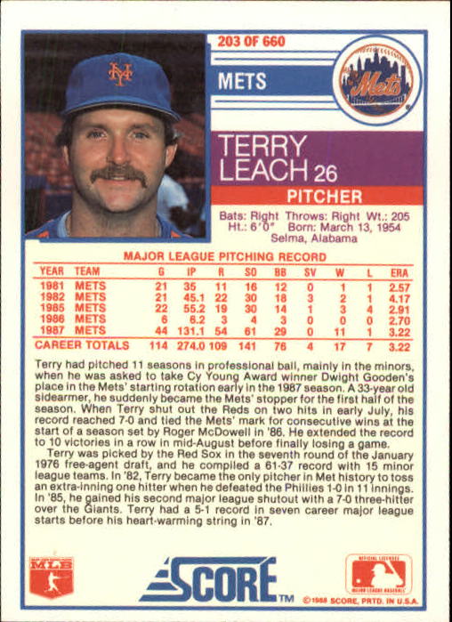 1988 Score #203 Terry Leach back image
