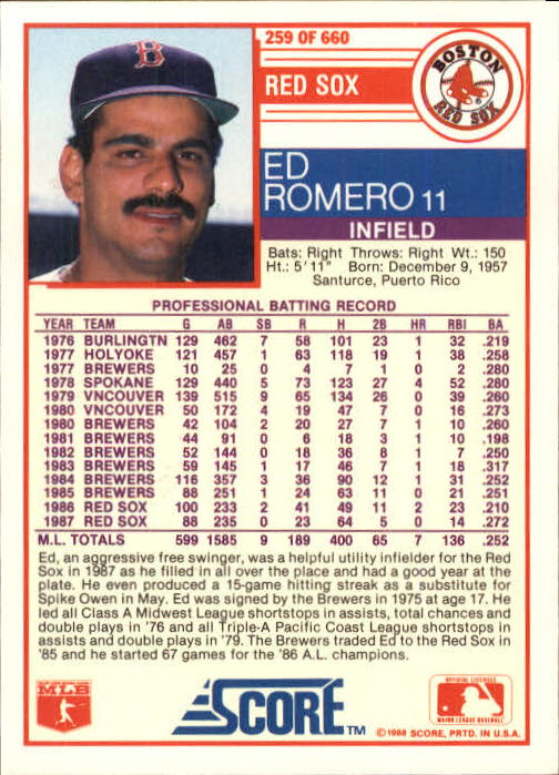 A0417- 1988 Score Baseball Cards 251-500 +Rookies -You Pick- 15+ FREE US SHIP - Picture 19 of 497