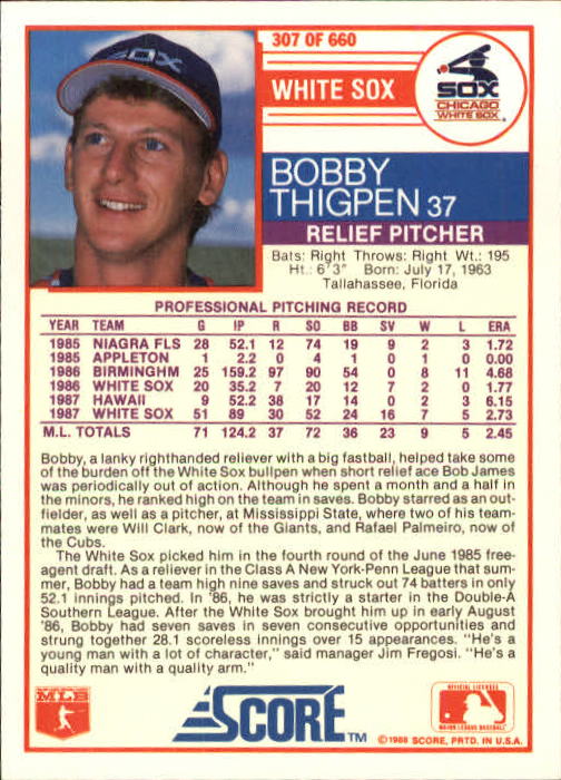 1988 Score #307 Bobby Thigpen back image